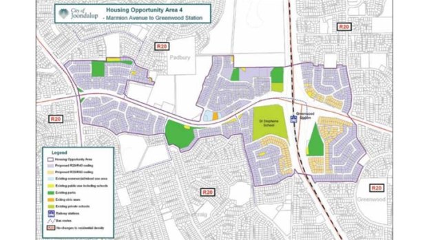 The City of Joondalup has a local infill program aimed at increasing density around key amenities and public transport hubs. This map shows an area specially zoned around Greenwood Station.
