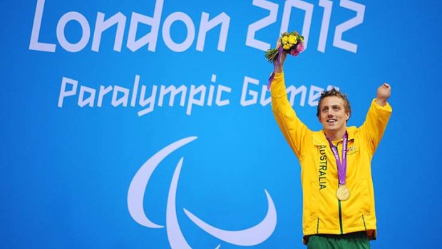 High and dry &#8230; Matt Cowdrey on the podium in London with his gold medal for winning the men's 50m S9 freestyle.
