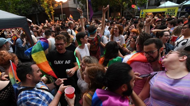 Melburnians partied into the night outside Trades Hall after the ''yes'' vote prevailed in the Australian Marriage Law Survey.