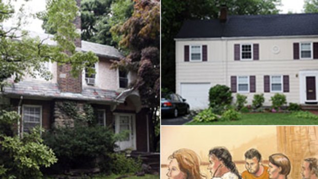 The houses where the accused were arrested; and left to right: Anna Chapman, Vicky Pelaez, Richard Murphy, Cynthia Murphy and Juan Lazaro from a courtroom sketch.