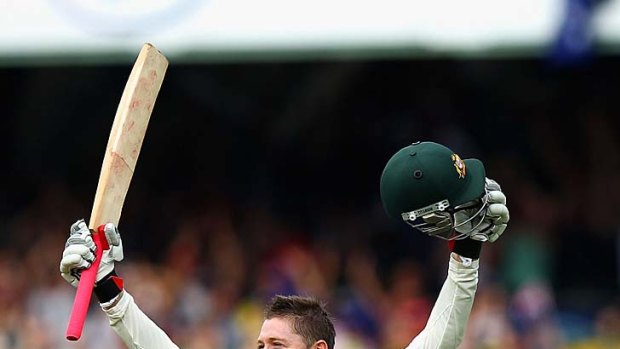 A triumphant Michael Clarke after reaching 200 in the second Test against India.