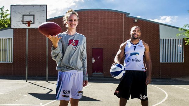 Canberra Capitals' Alice Coddington and fianc? Michael Smith who plays NFL for the Tampa Bay Buchaneers, swap outfits.