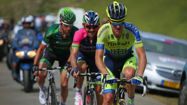 Planning his break ... Michael Rogers of Australia (Tinkoff-Saxo) leads Jose Rodolfo Serpa of Columbia (Lampre-Merida) and Thomas Voeckler of France (Team Europcar) on the climb of the Port de Bales.