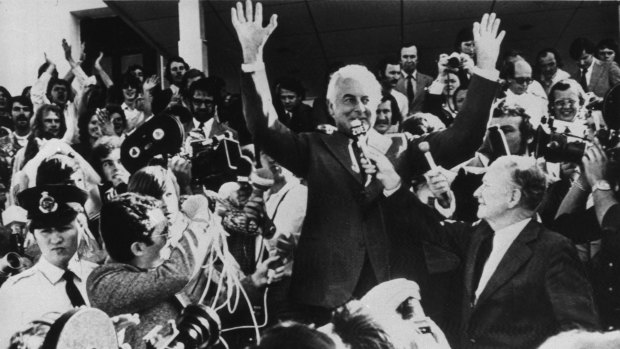 Gough Whitlam addresses the crowd outside Parliament House in Canberra.