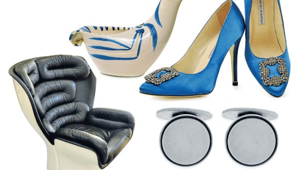 Sold: What people are buying at auction, as sold by Leonard Joel recently. Clockwise from top: Pablo Picasso dove subject ceramic, Manolo Blahnik cobalt blue shoes, Georg Jensen cufflinks and Joe Colombo black-and-white Elda chair.