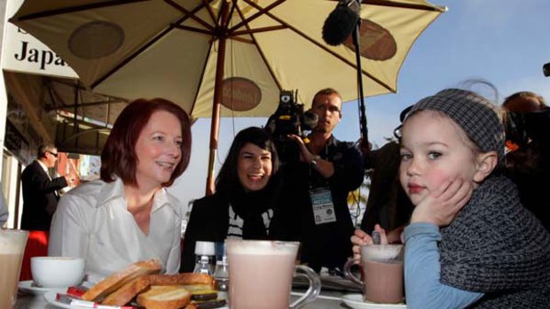 Julia Gillard has morning coffee with Ella Wilcox, aged 4, in Perth  Saturday 31 July 2010. <i>Picture: Andrew Meares</i>
