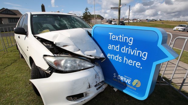 A car on display in New South Wales warning of the dangers of texting while driving