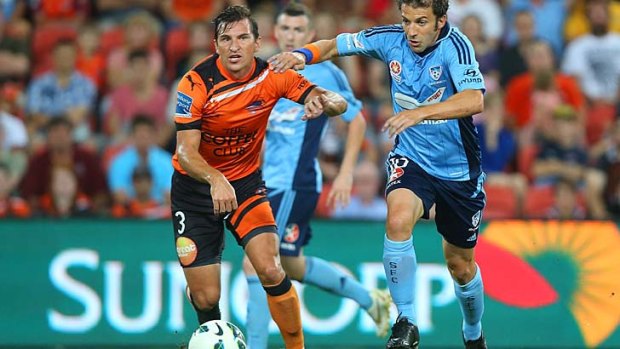 Shane Stefanutto and Alessandro Del Piero compete for the ball during the first half.