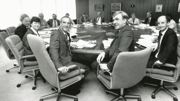 John Cain (left centre) and his cabinet in 1988, including Evan Walker (centre) and David  White (right of centre).