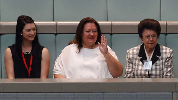 Gina Rinehart in the public gallery for the maiden speech of Barnaby Joyce at Parliament House on Thursday.