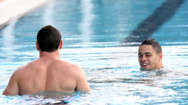 Eels take to the water ... Jarryd Hayne enjoys a  team recovery session in the pool yesterday after Friday night’s match against the Dragons.