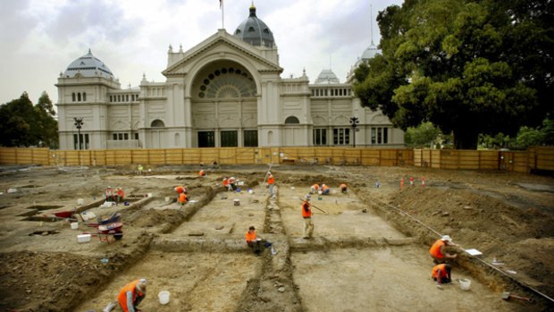 Archaeologists at work on the western side of the Exhibition Buildings have exposed the footings of a German kiosk that sat in the middle of a circular garden.