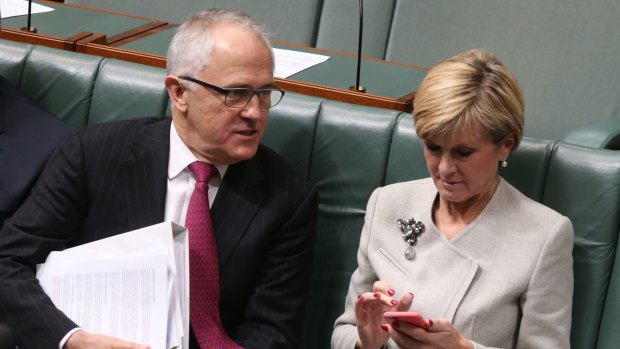 Malcolm Turnbull and Julie Bishop  during question time at Parliament House in Canberra on Tuesday 23 June 2015. Photo: Andrew Meares