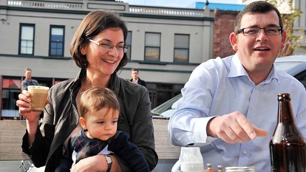 Relief all round: Labor's Jennifer Kanis, having claimed victory in the Melbourne byelection, celebrates yesterday with 10-month-old son Blake and state Labor leader Daniel Andrews.