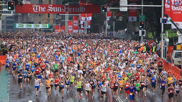 And they're off &#8230; runners stream from the start of the City2Surf on their way to Bondi Beach yesterday.
