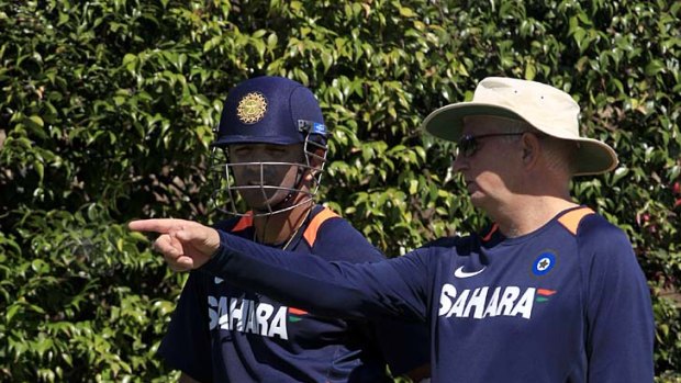 Duncan Fletcher with Rahul Dravid during a training session before the Test.