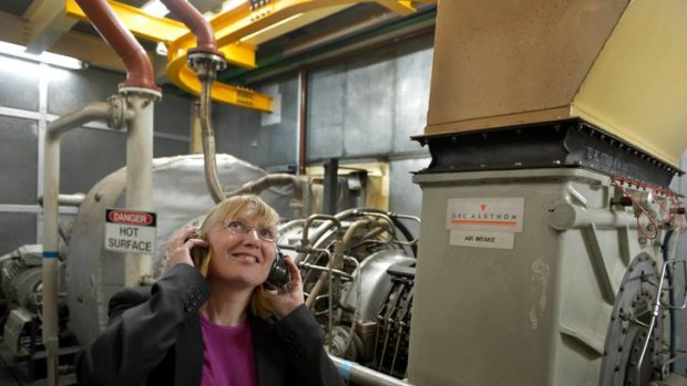 La Trobe University pro vice-chancellor Carol Adams with the gas turbine generator that produces much of the university's power.