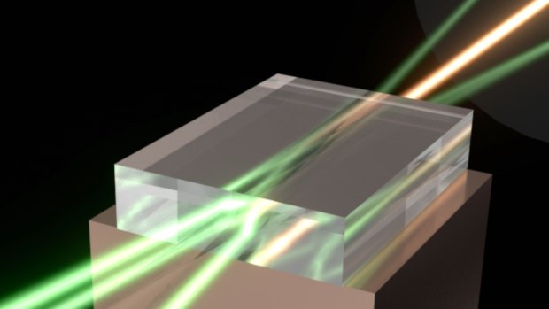 This image shows several lasers hitting a diamond, which concentrates them into a more powerful beam. Image supplied by Macquarie University.