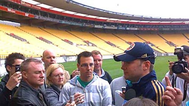 Michael Clarke speaks to reporters at Wellington’s Westpac Stadium today.