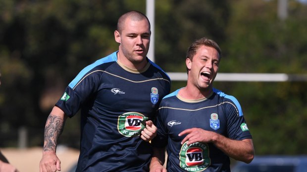 Happy place: Moylan jokes with David Klemmer while on NSW Origin duty earlier this year.