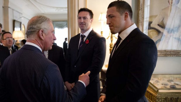 Sam Burgess meets Prince Charles at a function on Tuesday.