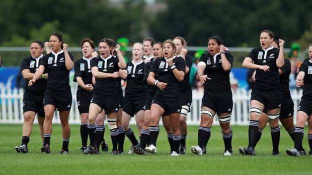 The Haka is performed by the New Zealand team ahead of the Women's Rugby World Cup 2010 Pool A Match between New Zealand and Wales.