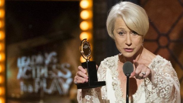 'Baby, this is for you': Helen Mirren accepting her Tony Award in New York Sunday night. 