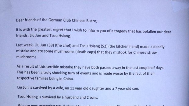 The photo pinned to the door of the Chinese restaurant where the deadly mushroom dish was cooked.