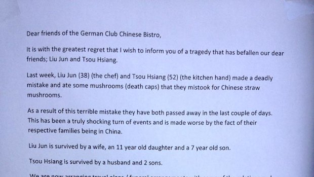 The photo pinned to the door of the Chinese restaurant where the deadly mushroom dish was cooked.