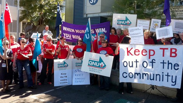 Protesters rally at the Princess Alexandra Hospital tuberculosis centre.