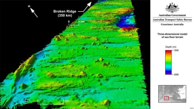 the MH370 search area encompassing the seabed on and around Broken Ridge, an extensive linear, mountainous sea floor structure that once formed the margin between two geological plates.