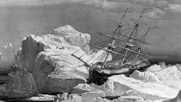 An 1851 illustration of HMS Investigator on the north coast of Baring Island.