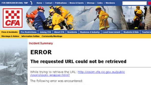 'Error' ... The CFA incident summary web page at 2pm today.