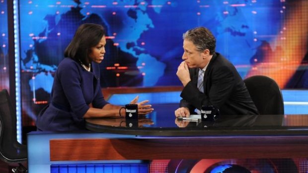 Jon Stewart interviewing Michelle Obama in 2008. He will retire later this year after hosting the show since 1999.
