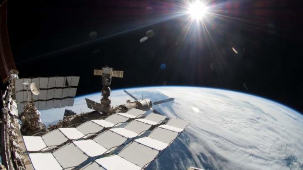 The International Space Station in the sunlight.