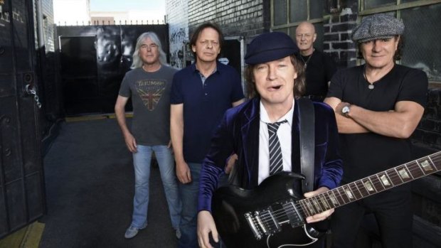 Back in black, and on stage: Cliff Williams, Chris Slade, Angus Young, Stevie Young, Brian Johnson.