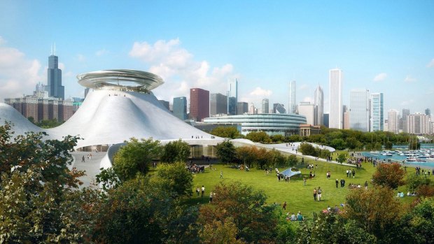 An early design for the Lucas Museum of Narrative Art when Chicago was the likely location.