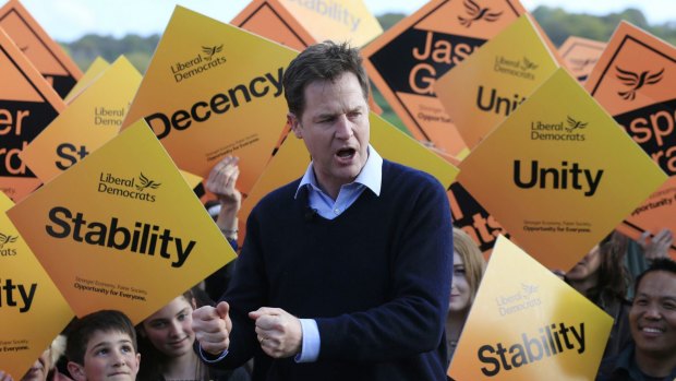 Liberal Democrat Party leader Nick Clegg speaks to supporters in Staplehurst, England.