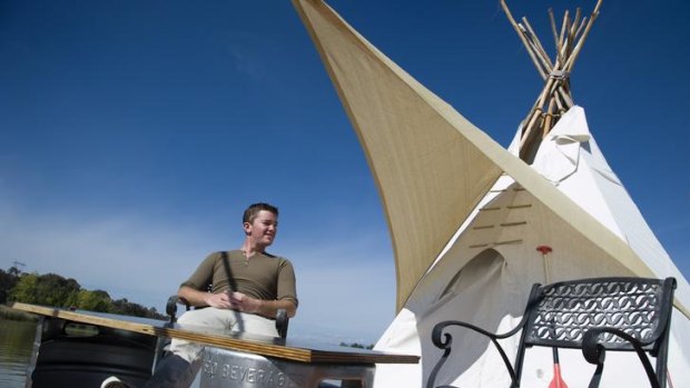UC Student William Woodbridge has built a teepee and is living on Lake Ginninderra