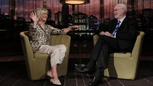 Portrait of Margaret Pomeranz and David Stratton on the set of <i>At the Movies</i>.