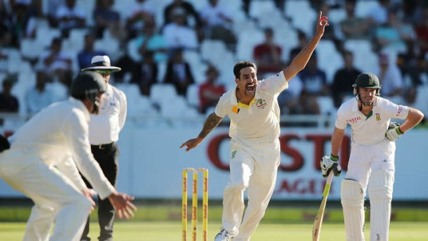 Mitchell Johnson of Australia appeals, but fails to get the wicket of Hashim Amla who survived for 30 overs.