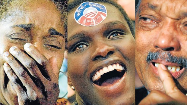 Tears of joy: supporters of Barack Obama, including the Reverend Jesse Jackson, a veteran civil rights campaigner, (far right), were as one in celebrating the historic win.