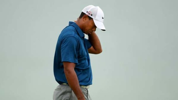 Tiger Woods reacts to a missed putt on the second hole during the third round of the 92nd PGA Championship earlier this year.