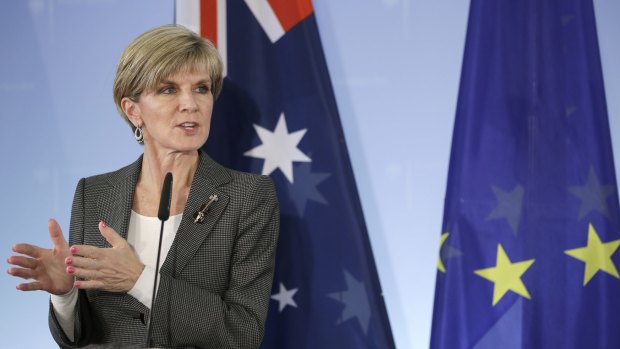 'I'm very conscious of the fact that the geographic circumstances are very different between Europe and Australia' ... Foreign Minister Julie Bishop at a press conference in Berlin, Germany.