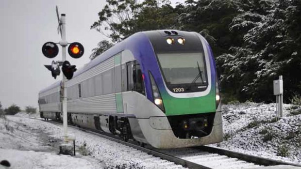 Cool runnings: the Ballarat-Melbourne VLocity train passes through a European-looking landscape today.