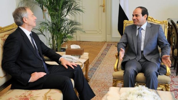 Old and new: Former British PM Tony Blair meets Abdel Fattah al-Sisi in Cairo earlier this month to discuss the conflict between Israel and Hamas.