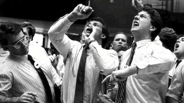Hectic traders in Sydney following the crash in 1987.