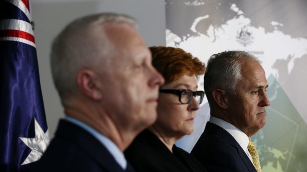 Prime Minister Malcolm Turnbull launches the 2016 Defence white paper at ADFA in Canberra with Chief of Defence Force Mark Binskin and Defence Minister Marise Payne.