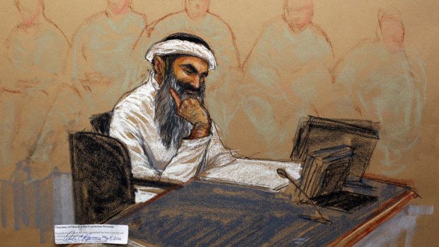 Accused 9/11 mastermind Khalid Sheikh Mohammed depicted in a court room sketch.