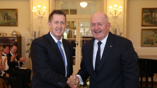 Luke Hartsuyker is sworn in as Minister for Vocational Education and Skills by Governor-General Sir Peter Cosgrove at Government House in Canberra on Monday 21 September 2015. 